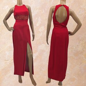 Vintage 1990s Faviana Prom Gown Red Maxi Dress Beaded Siren Pageant Size 3